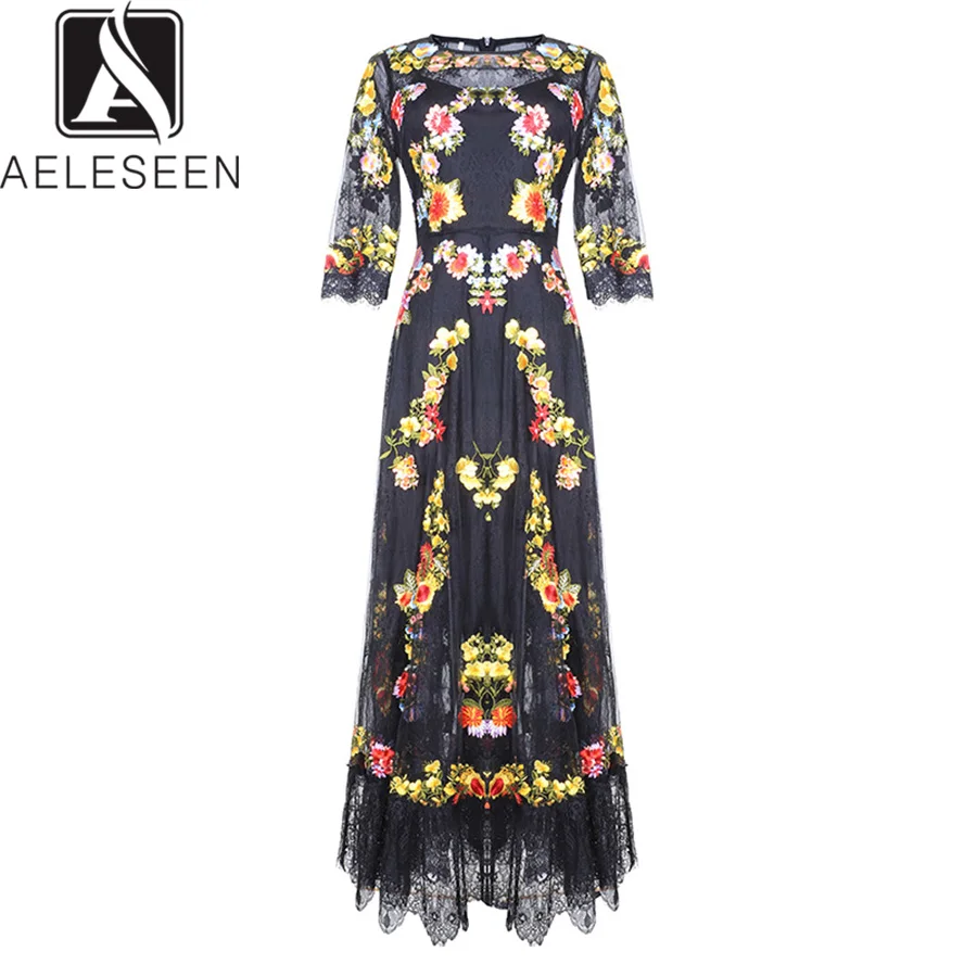 

AELESEEN Fashion Runway Dresses 2019 Women Half Sleeve Mesh Embroidery Sexy Vintage Black Long Dress Elegant Party Dress