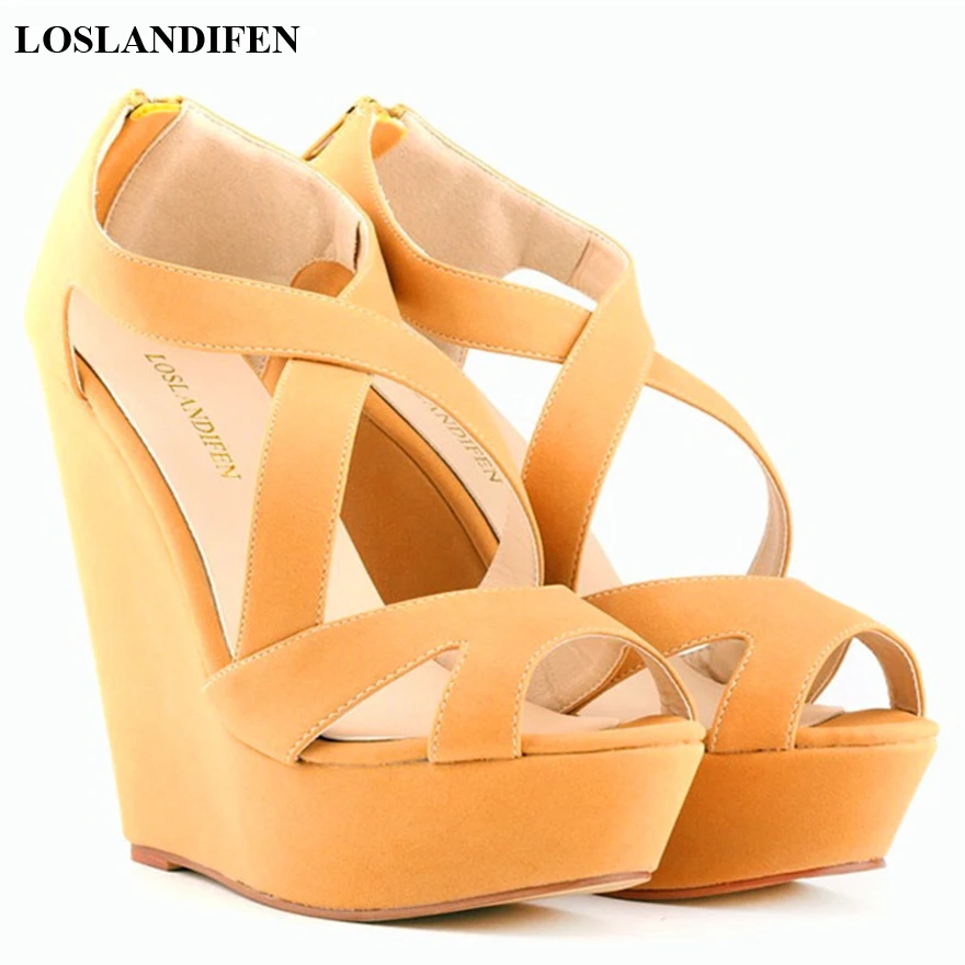 

Soft Leather High Platform Women's Sandals 2019 New Concise Open Toe Solid Flock High Heels Shoes Women's Cut-Outs Wedges Sandal