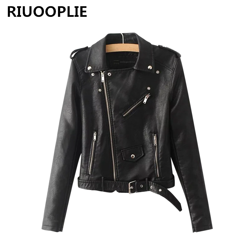 

RIUOOPLIE New Faux Soft Leather Jacket Women Zipper Motorcycle PU Leather Coat Autumn
