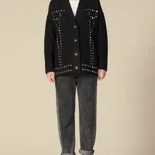 Black CARDI-COAT TRIMMED WITH STUDS Woman V-neck Knitted Cardigan Two mock pockets with flaps