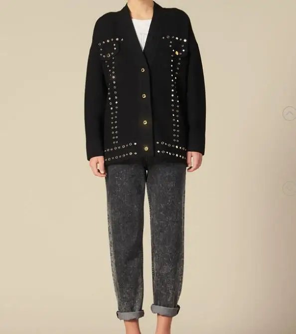 

Black CARDI-COAT TRIMMED WITH STUDS Woman V-neck Knitted Cardigan Two mock pockets with flaps