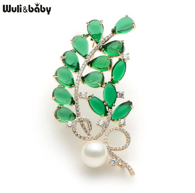 

Crystal Green Semi-precious Stone Flower Brooches For Women Simulated Pearl Leaves Brooch Pins Wedding Banquet Broche