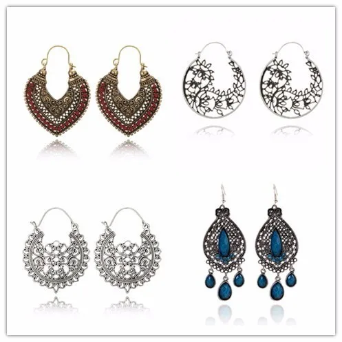

Hot Ethnic Vintage Jewelry Carving Hollow Gypsy Heart Earrings For Women Pendientes Mujer Brincos