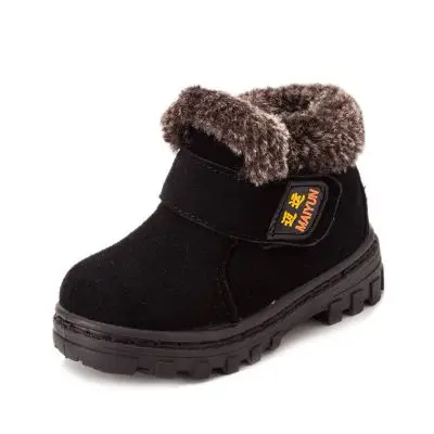 SKOEX/Зимние ботильоны для мальчиков и девочек; теплые плюшевые Водонепроницаемые кожаные детские кроссовки; Детские уличные ботиночки; обувь - Цвет: Черный