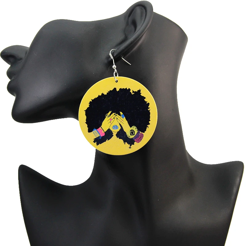 

SOMESOOR Printed African Rock Girl Magic Wooden Drop Earrings AFRO Black Natural Hair Design Wood Dangle Jewelry For Women Gifts