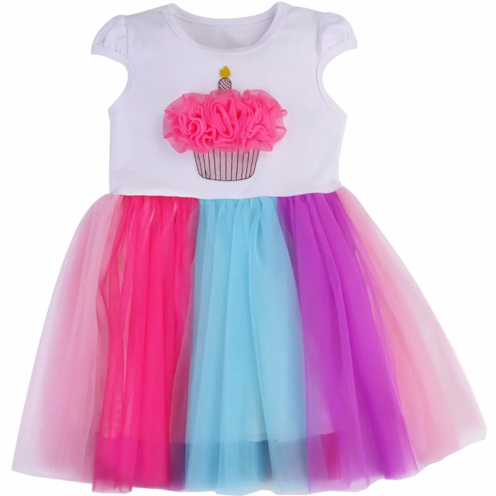 

2018 Summer Big Patry Cake Girls Dress Princess Vestidos;Colorful Rainbow Lace Soft Cotton Lining Wedding Dress Costume For Kids