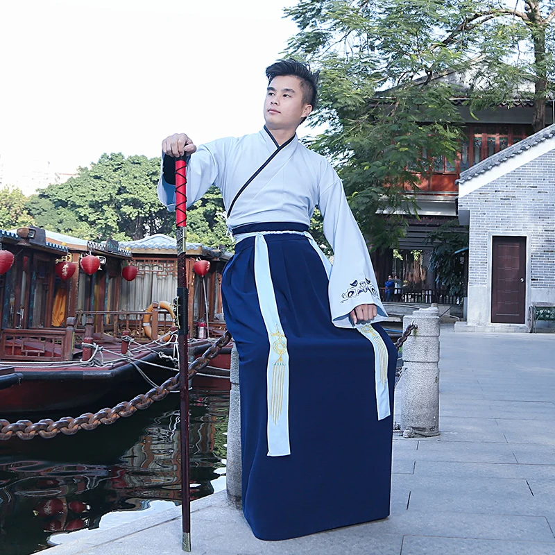 men blue Мужской традиционный фехтовальщик Hanfu одежда для женщин династия ханьфу, косплей старинный китайский Костюм Восточный халат сценический наряд 90 - Цвет: men blue