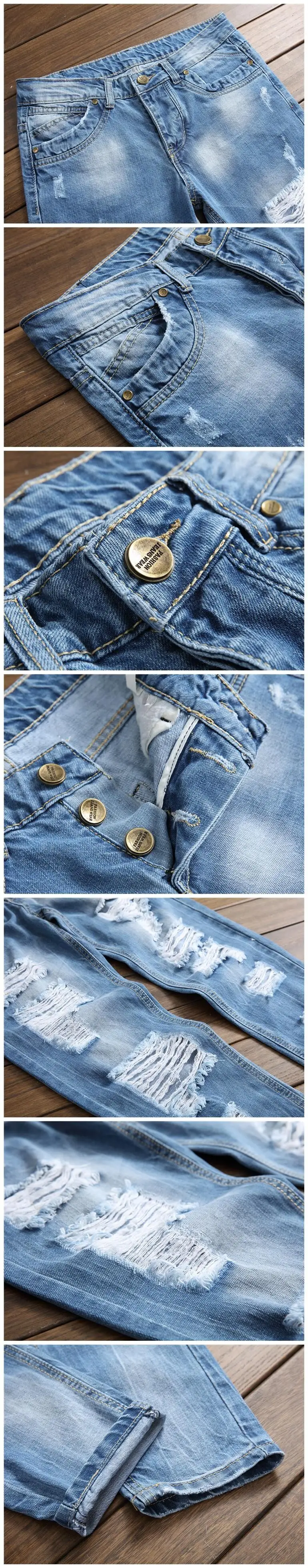 2019 slim fit джинсы мужские Штаны горячая Распродажа рваные и пуговицы мужские байкерские джинсы Синий джинсовые брюки прямые мыть с