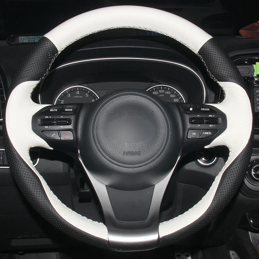 Black Natural Leather White Natural Leather Car Steering Wheel Cover