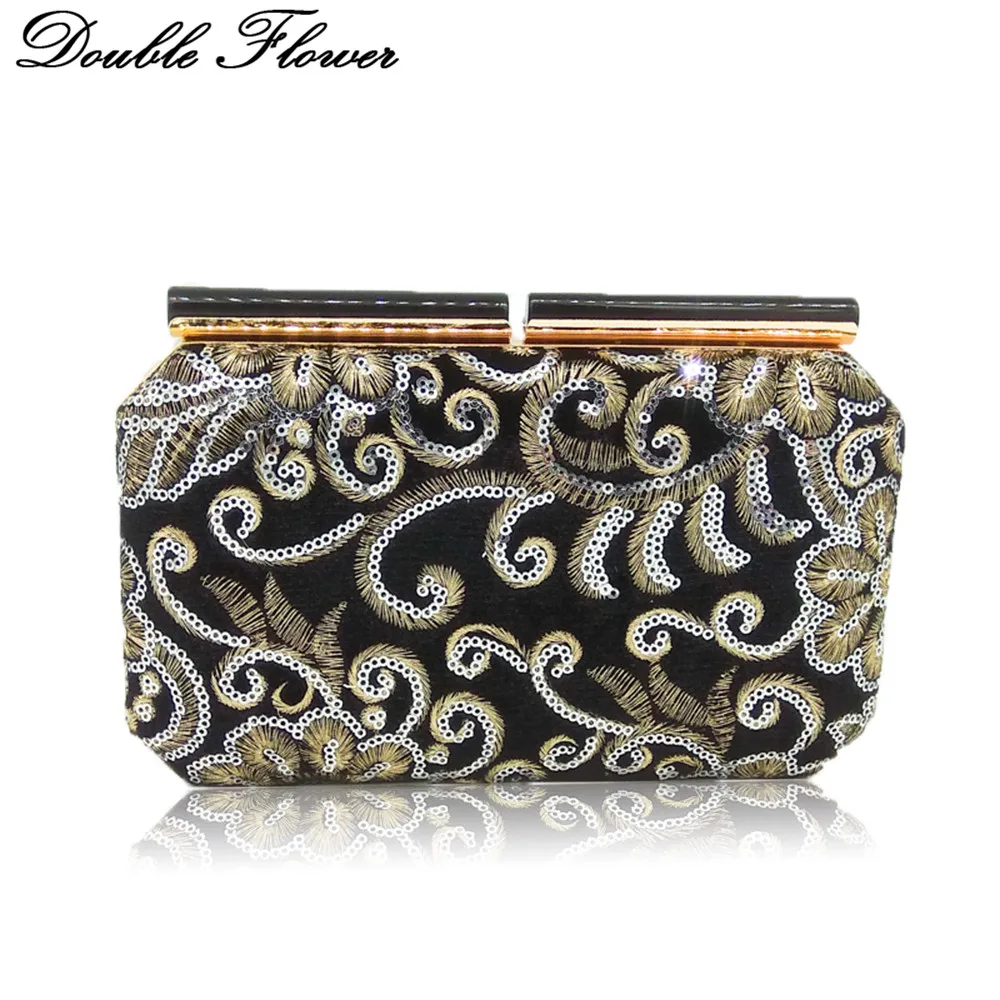 

Double Flower National Style Sequined Women Evening Purse Wedding Party Handbag Clutch Bag