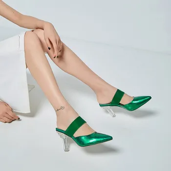 

MLJUESE 2019 women slippers Soft Cow leather summer Rome style pointed toe green color high heels beaches sandals party dress