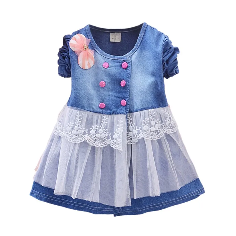Bowknot Long Sleeve Dresses Mesh Denim Patchwork Lace Dress Autumn Kids Baby Spring Children | Детская одежда и обувь