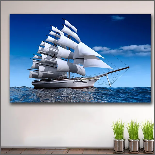 Large size Printing Oil Painting Sailing Ship in the sea wall art