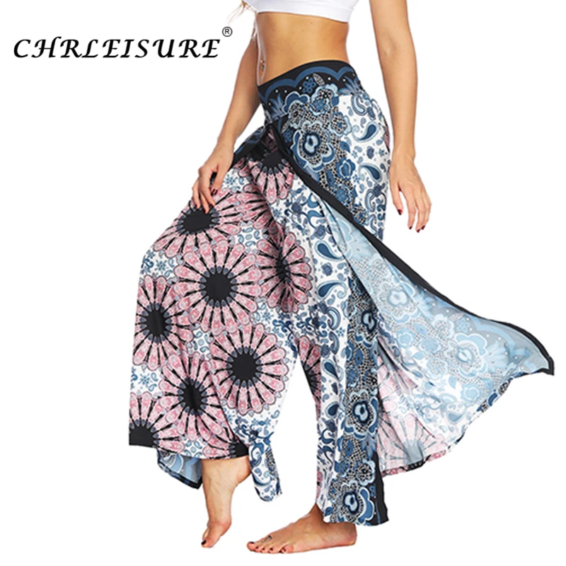 

CHRLEISURE High Waist Pants Women Summer Beach Printed Wide Leg Pants Female Bloomers Fashion Clothing Loose Pants Trousers Hot