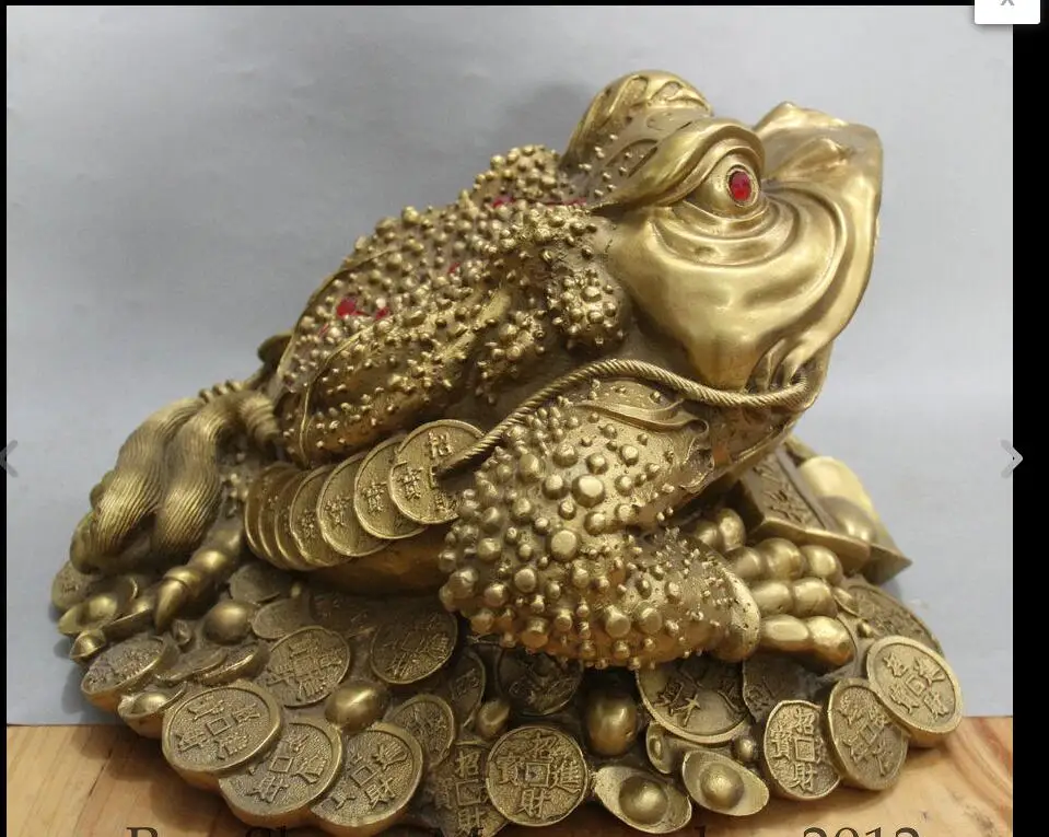 

6710547++14' Chinese Folk Brass Money Coin Wealth Golden Toad Spittor Statue Sculpture