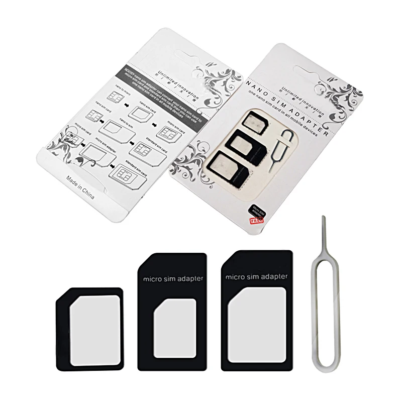 

20 Pcs/Lot Nano SIM Card Adapter 4 in 1 Micro SIM Adapter with Eject Pin Key Retail Package for iPhone 5/5S/6/6S/Samsung
