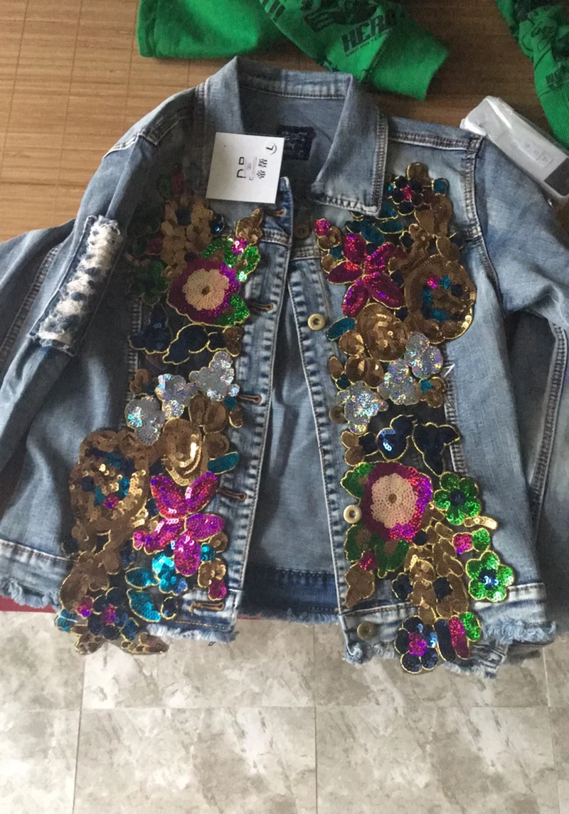 Винтажный джинсовый пиджак с цветочной вышивкой и блестками, Женский Осенний короткий пиджак с длинным рукавом