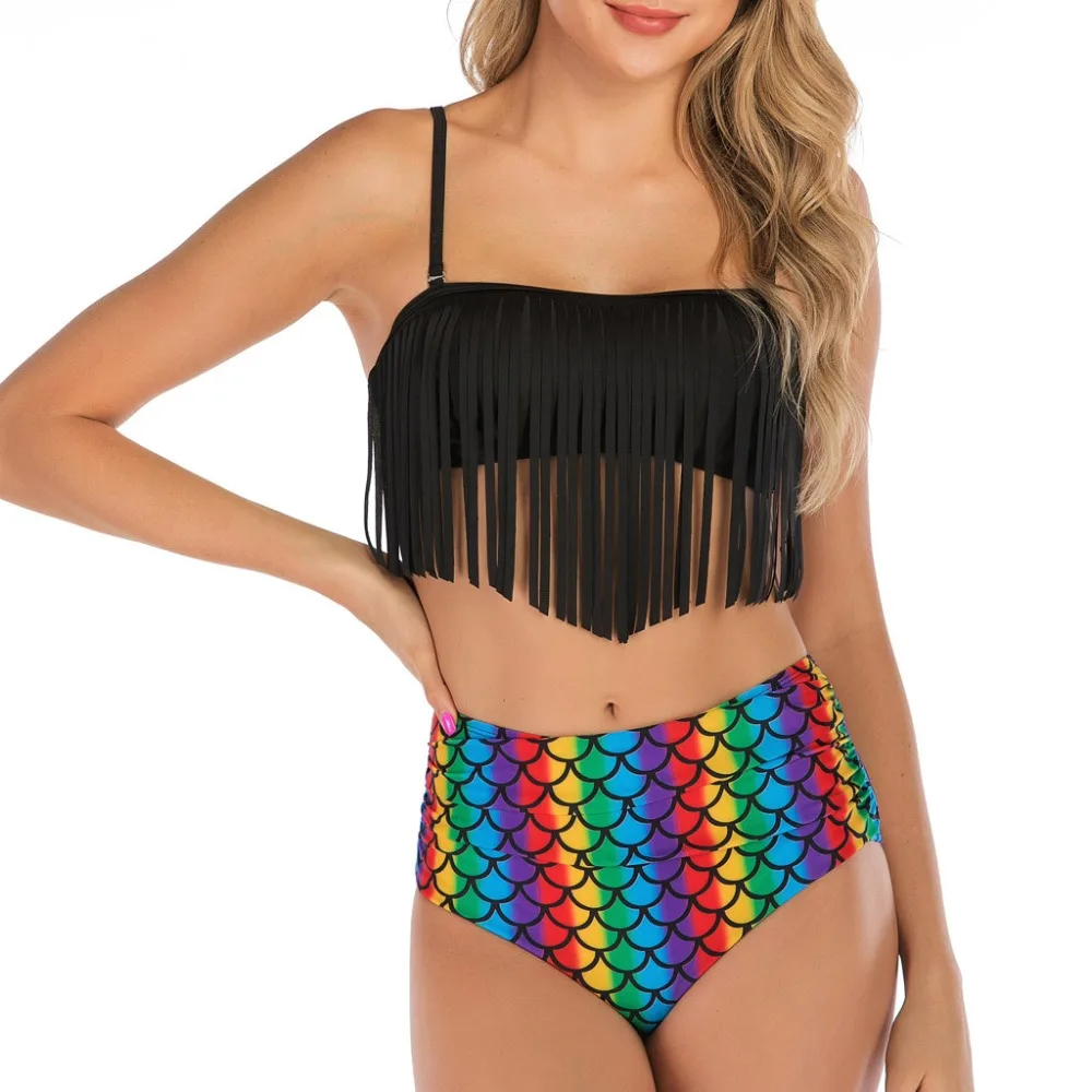 

Women Two Pieces Bathing Suits Sexy Fringed Fish Scale Print High Waist Split Swimsuit maillot de bain taille haute 35#