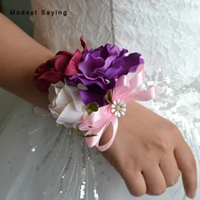 Модные фиолетовые искусственные розы для свадьбы, выпускного, свадьбы, запястья, корсажи, подружки невесты, сестры, цветы, украшения для свадебной вечеринки