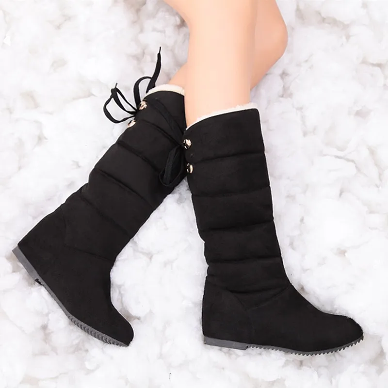 

Winter Boots Women Mid Calf Shoes Female Wedges High Snow Boots Height Increasing Faux Suede Botas Short Plush Red Size 35-43