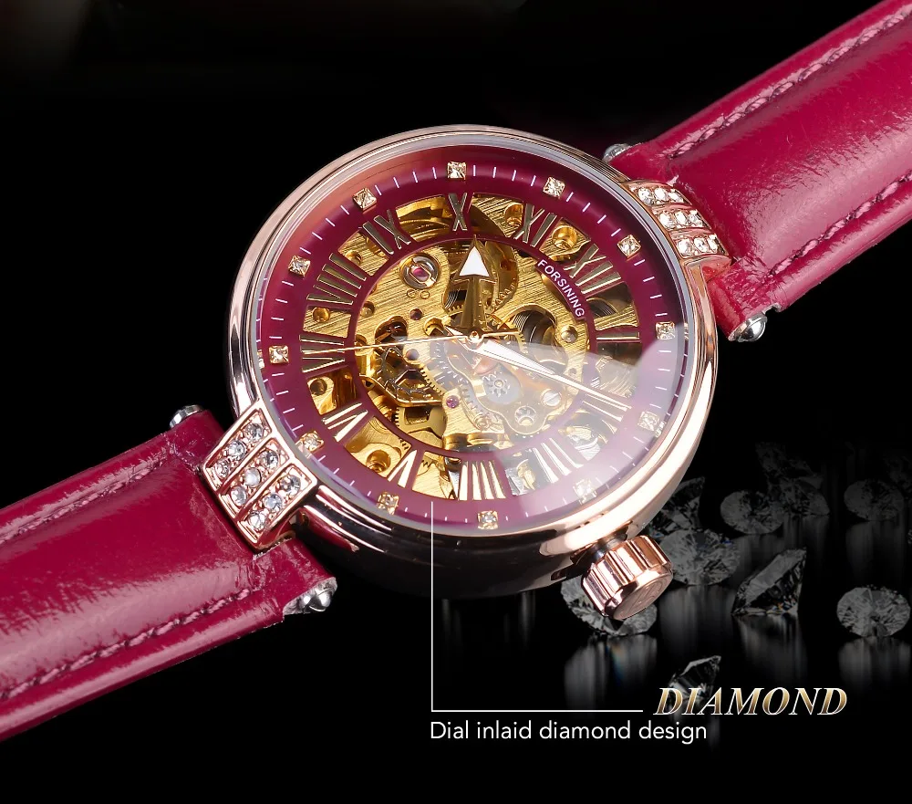 Forsining леди автоматические механические наручные часы лучший бренд класса люкс Алмаз Мода Золотой Скелет часы для женщин Красный кожаный ремень