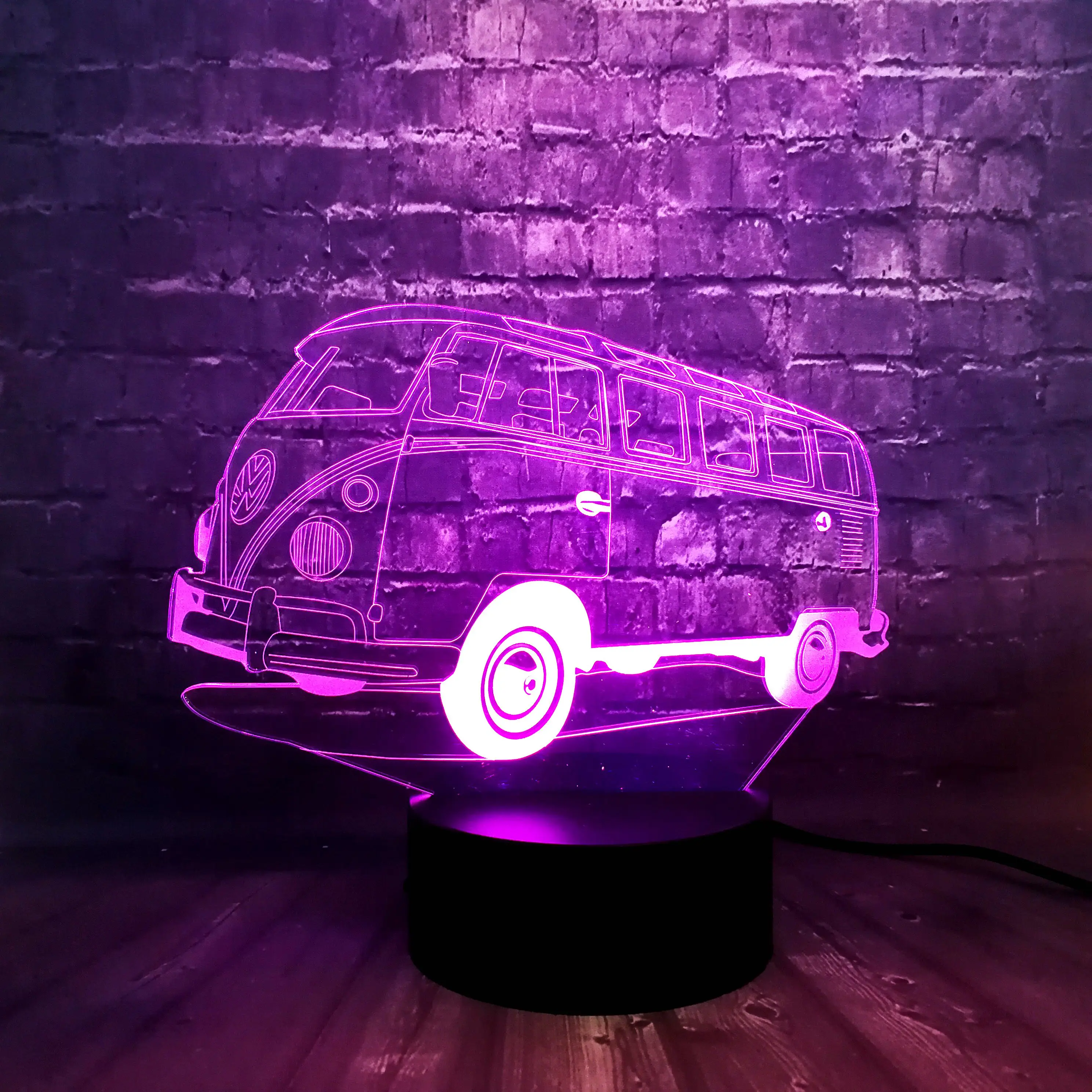 Креативный милый 3D эффект акриловая панель автобус Ночной светильник 7 цветов