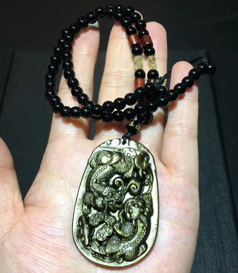 Genuine Natural Gold Obsidian Gemstone Pendant Gold Flash Women Man Pi Xiu Shape Crystal Pendant 59x40x13mm AAAAA (3)