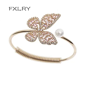

FXLRY Trendy Jewelry White /Gold Color Cubic Zirconia Top Quality Pearl butterfly opening adjustable bracelet For Women