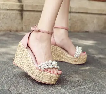 

Carole Levy Korean Style Wedge Sandal for Woman Open Toe Pearls Beaded Platform Sandals Ankle Strap Rope Braided Summer Heels