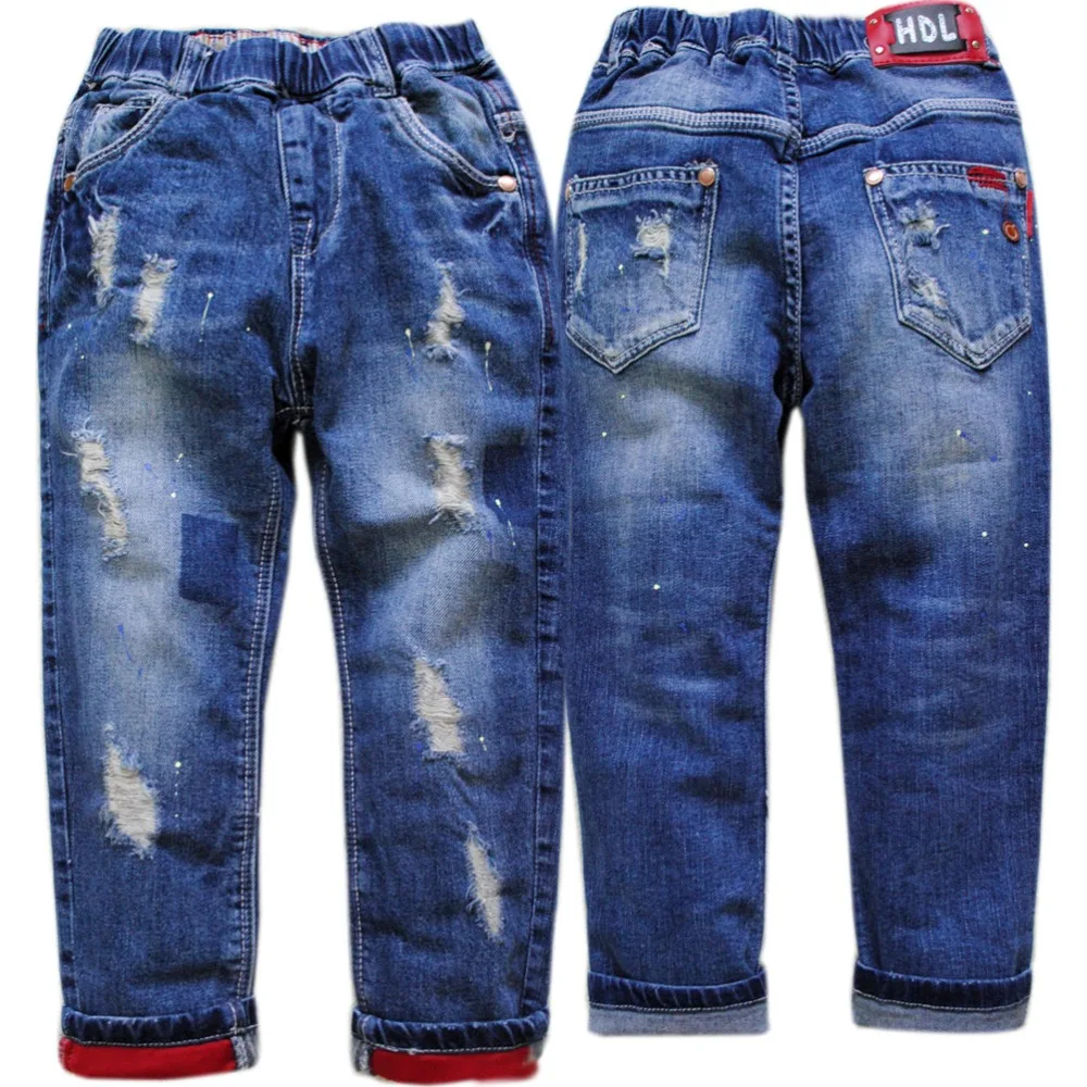 

4066 paint spot hole pants kids boys jeans blue denim pants boy trousers spring autumn 2018 elastic waist children clothing