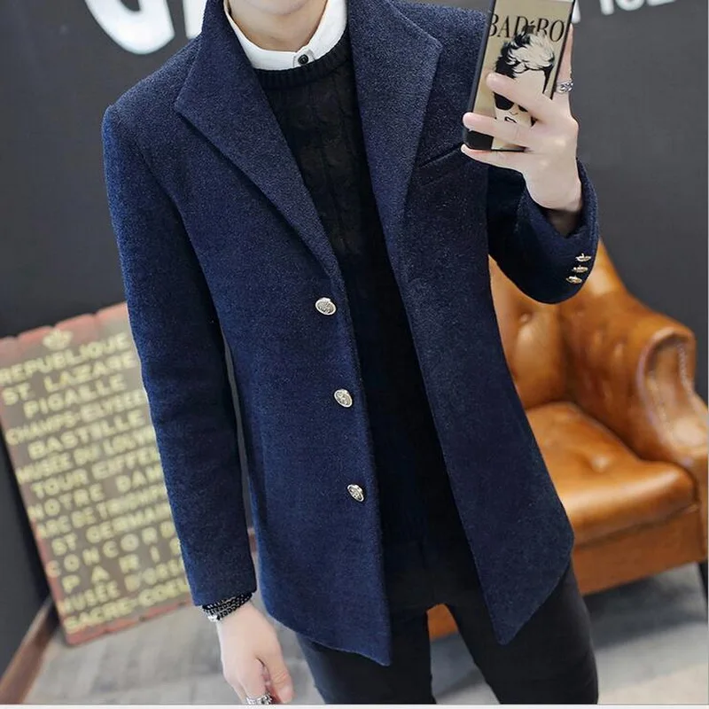 

VXO men high-grade slim Fit long Woolen coat Men single-breasted tweed trench coat winter woolen outerwear slim jacket