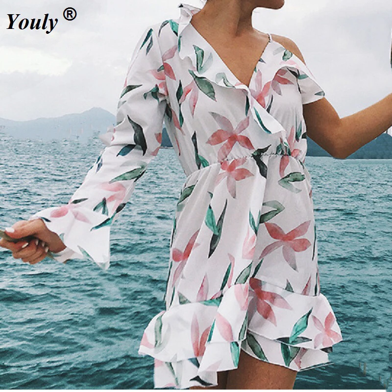 V Neck Print Bohemian Beach Dress Asymmestrical Ruffles Summer Dress 