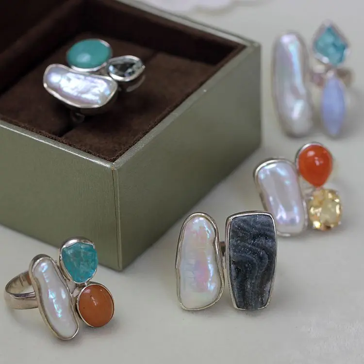 

Women Gift word 925 Sterling silver real Handmade 925 silver edging rings, natural color treasure, raw ore, special-shaped pearl