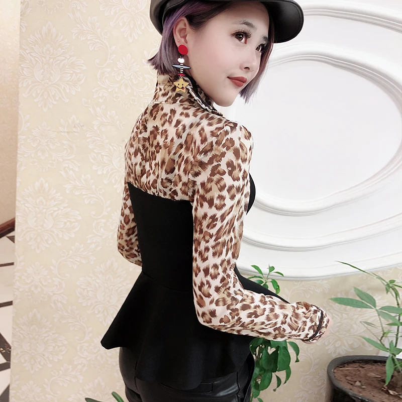  Sexy Leopard Blouse Womon Transparent Patchwork Chiffon Shirt Pullover 2019 Spring Autumn Women Lon