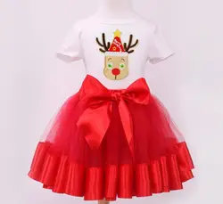 2 шт./компл. короткий рукав Новогодний костюм футболка красный Ширина юбка-пачка для маленьких девочек маленькие дети Новый год Праздничная