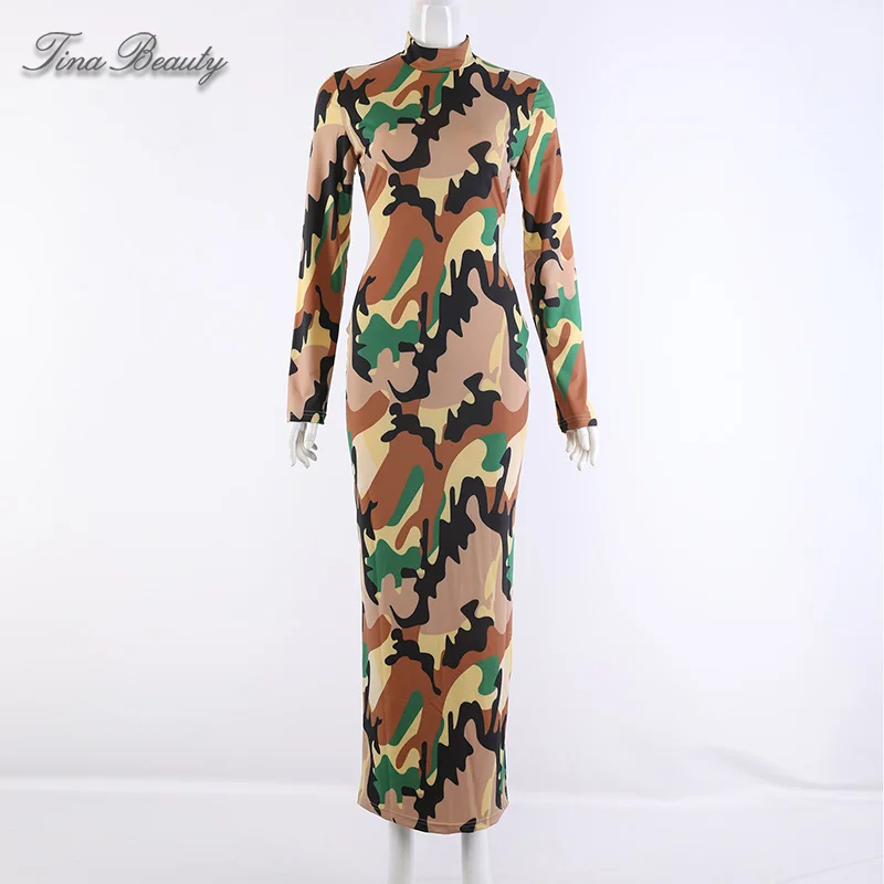 

Tina Beauty 2019 Spring Summer Celebrity Long Sleeve Camo Leopard Print Maxi Dress Female Stretch Silky Bodycon Party Dresses