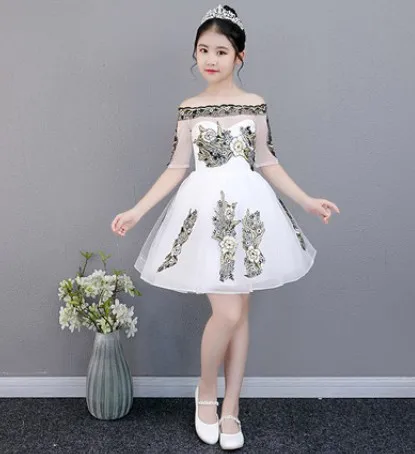 White-Mini Платье принцессы для девочек; детская вечерняя одежда; детское платье подружки невесты белого и черного цвета с цветочным рисунком; платье на одно плечо, на шнуровке, с цветочной вышивкой - Цвет: White-Mini