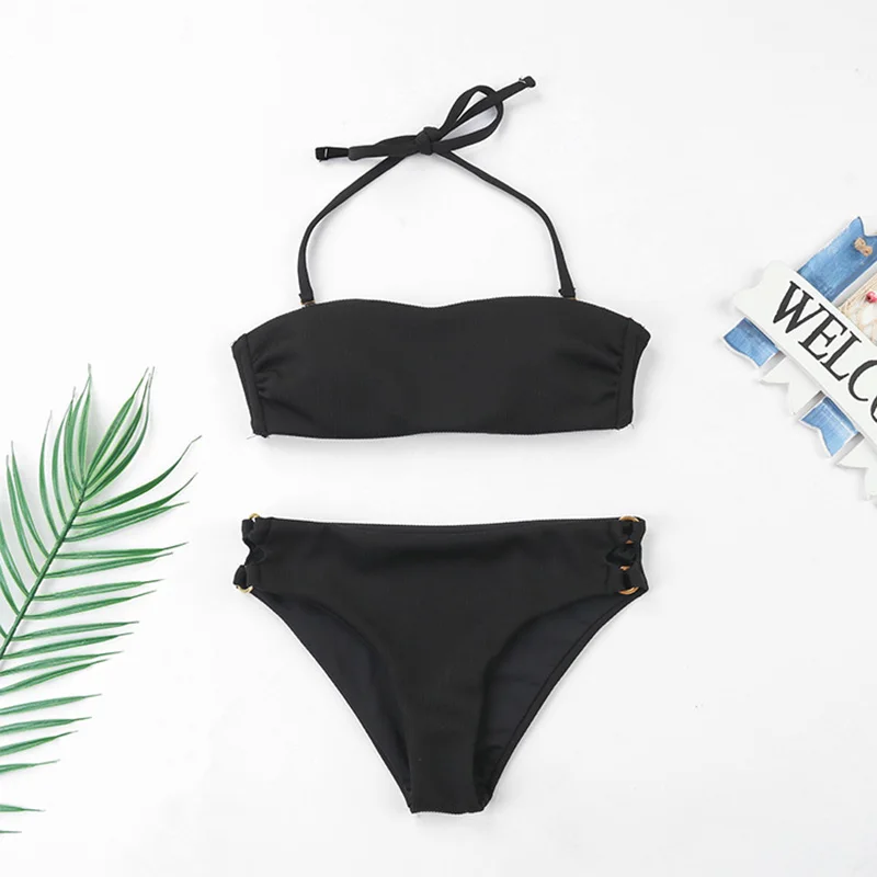 

Ladies Swimsuit Set Solid Color Split Sling Bikini Briefs for Beach Party FI-19ING
