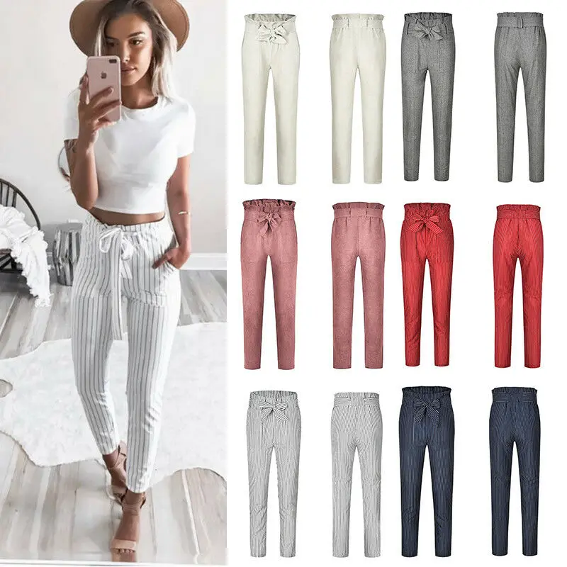 

Women's High Waist Stripe Lace Up Trousers Casual Drawstring Elastic Long Trousers Ladies Pencil Trousers