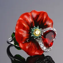 Очаровательное женское кольцо с красным сердцем и цветами, милое роскошное серебряное кольцо 925 пробы, обручальное кольцо для женщин
