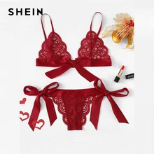 SHEIN, кружевное сексуальное женское белье, набор, горячая Распродажа, женская пижама, v-образный вырез, без рукавов, кружево, гребешок, бюстгальтер без косточек и трусики, интимное белье