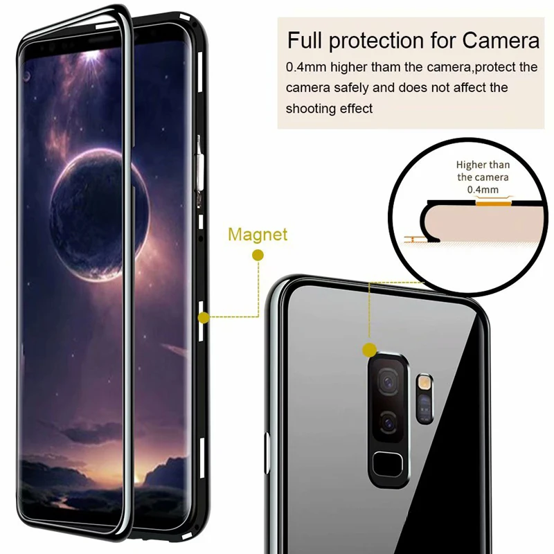 

Luxury Magnetic Flip Case for Samsung Galaxy Note 8 9 S7 S7E S8 S9 plus PC Border Transparent Tempered Glass Back Cover