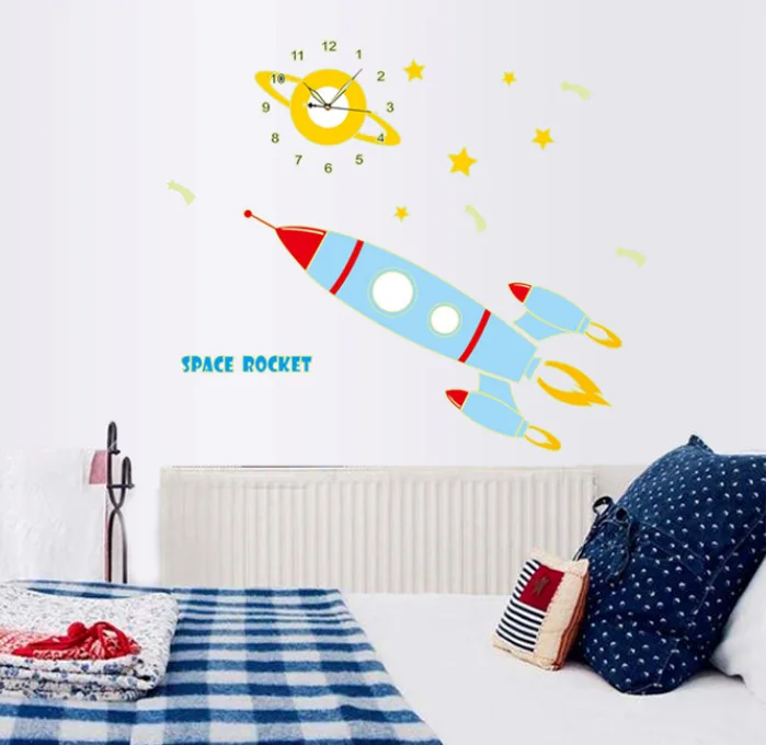 Светящиеся космические ракетные часы стикер настенные часы плакат настенное украшение Искусство Наклейка для гостиной Дети Девочка Мальчик комната