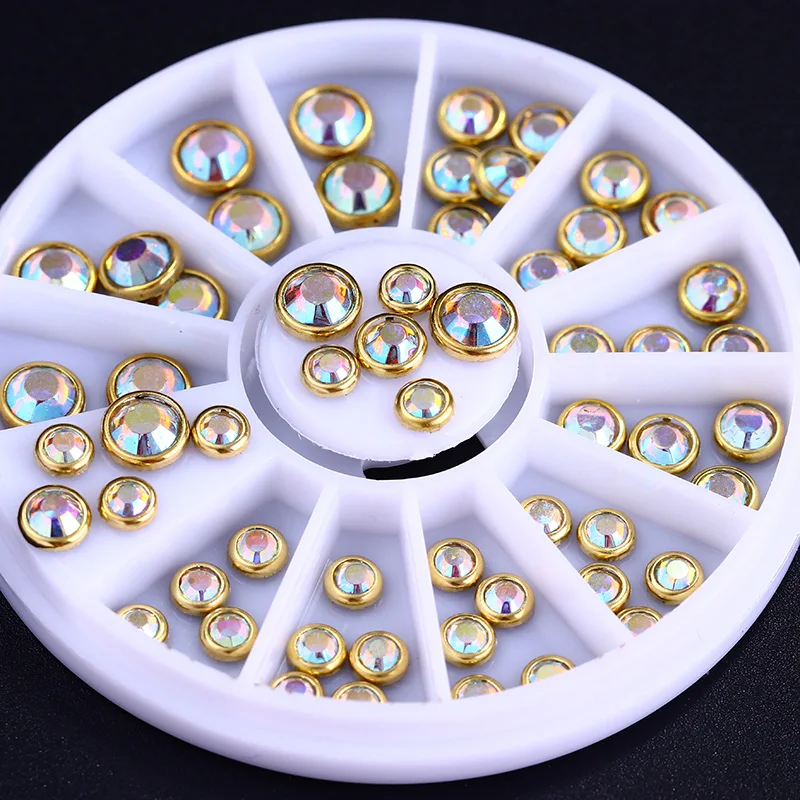 

1Box AB Color Nail Rhinestones Metal Edge Nail Beads Flat Back Multi-Size Manicure Charming 3D Nail Art Decoration in Wheel