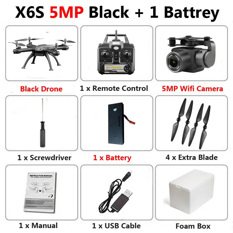 X6S Дрон с камерой 720P 1080P 4K HD WiFi FPV в режиме реального времени аэрофотосъемка высота удержания RC Квадрокоптер Вертолет игрушки VS SG106 E58 - Цвет: 5MP Black 1B