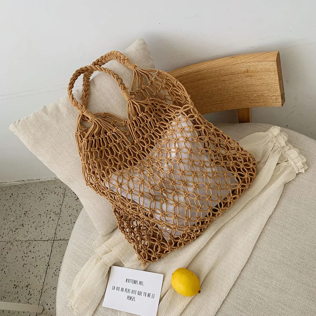 Женская тканая сумка через плечо, одноцветная сумка, Сетчатая Сумка для шопинга, женская летняя сетчатая тканая пляжная сумка, сумка-тоут, 2 шт., дорожная сумка
