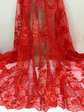 2018 Newest RED Embroidery mesh tulLe lace fabric 5 yards African lace fabrics with stones wholesale for wedding party dress