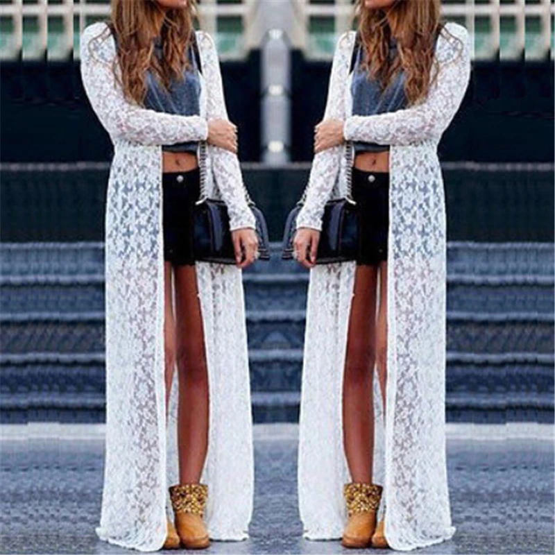 

Women Beach Wear Sheer Thin Lace Floral Crochet Long Cardigan White Lace Beach Cover Ups Summer Clothes Saida De Praia Feminino