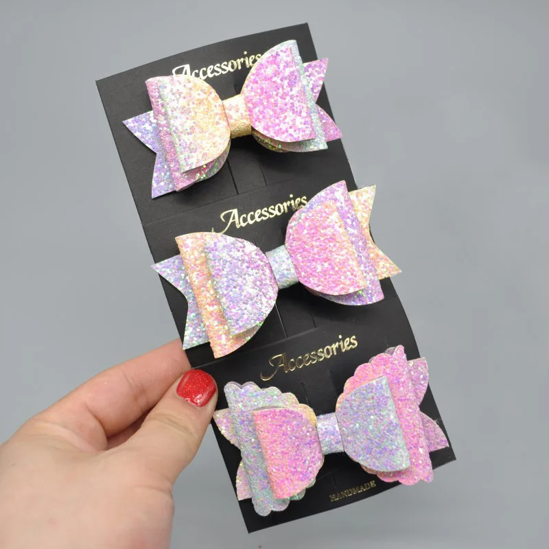 

9pcs/set Pastel Glitter Hair Bows Attached Clips Unicorn Mermaid Sequins Girls Hairpins Barrettes Party Dance Hair Accessories