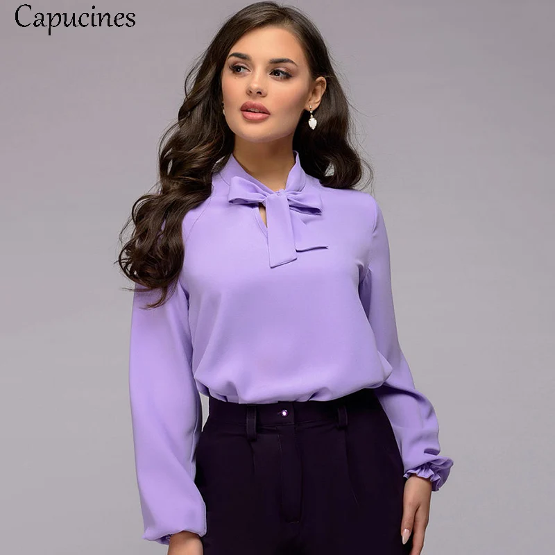 Lavender Capucines элегантный Галстук-бабочка Рубашка Блузка женская Офисная леди Шифоновые рубашки весна осень Сплошной цвет Длинный рукав Повседневные блузки Розовые топы для женщин - Цвет: Lavender